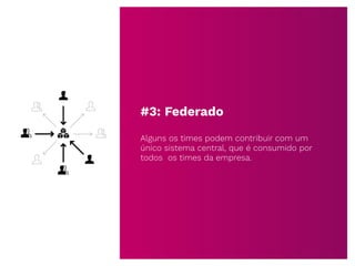 #3: Federado
Alguns os times podem contribuir com um
único sistema central, que é consumido por
todos os times da empresa.
 