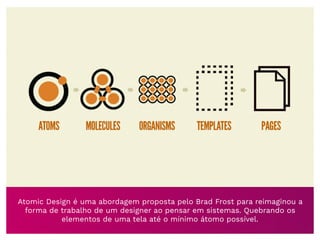 Atomic Design é uma abordagem proposta pelo Brad Frost para reimaginou a
forma de trabalho de um designer ao pensar em sistemas. Quebrando os
elementos de uma tela até o mínimo átomo possível.
 