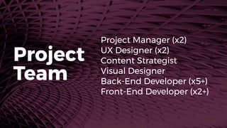Project Manager (x2)
UX Designer (x2)
Content Strategist
Visual Designer
Back-End Developer (x5+)
Front-End Developer (x2+)
Project
Team
 