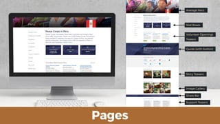Pages
Average Hero
Stat Boxes
Volunteer Openings 
Teasers
Quote (with button)
Story Teasers
Image Gallery
Support Teasers
Share Bar
 
