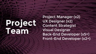 Project Manager (x2)
UX Designer (x2)
Content Strategist
Visual Designer
Back-End Developer (x5+)
Front-End Developer (x2+)
Project
Team
 