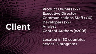 Product Owners (x2)
Executive Director
Communications Staff (x10)
Developers (x2)
Analyst
Content Authors (x200!)
Located in 60 countries
across 15 programs
Client
 