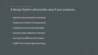 • Need to look and behave similarly
• Implement similar UI components
• Duplicate low-level functionality
• Must be white-labeled or themed
• Are built on diﬀerent tech stacks
• Suﬀer from visual regression bugs
A Design System will provide value if your products…
D O I N E E D A D E S I G N S Y S T E M ?
 