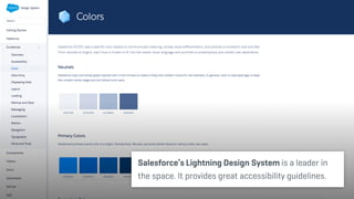 Salesforce’s Lightning Design System is a leader in
the space. It provides great accessibility guidelines.
 