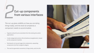 The cut-up gives visibility on how you are doing
things today, and the level of complexity a
component needs to accommodate.
2Cut-up components
from various interfaces
• Organize and print out screenshots from the existing site and/or
applications
• Create categorized sections (forms/buttons/navigation/etc.) based
on the component checklist
• Participants cut up each page into components, separating
components into their assigned category
• This exercise generates momentum, brings clarity, and trims fat
 