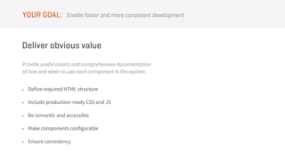 Provide useful assets and comprehensive documentation
of how and when to use each component in the system.
Deliver obvious value
Enable faster and more consistent developmentYOUR GOAL:
• Define required HTML structure
• Include production-ready CSS and JS
• Be semantic and accessible
• Make components configurable
• Ensure consistency
 