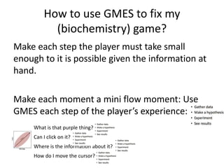 How to use GMES to fix my
(biochemistry) game?
Make each step the player must take small
enough to it is possible given the information at
hand.
Make each moment a mini flow moment: Use
GMES each step of the players experience:
What is that purple thing?
Can I click on it?
Where is the information about it?
How do I move the cursor?
 