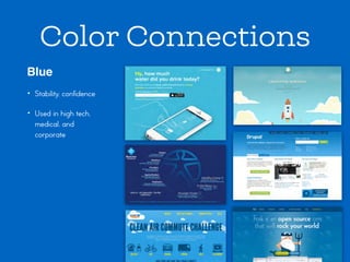 Color Connections
Blue
• Stability, confidence
• Used in high tech,
medical, and  
corporate
 