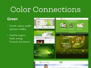 Color Connections
Green
• Growth, nature, wealth,
optimism, healthy
• Used by organic
foods, energy,
financial, and tourism
 