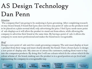 AS Design Technology
Dan Penn
Direct point of
sales
Brand
analysis
Initial
Specification Links FX
Mood Board
Customer
Profiling
Gant Chart
Questionnaire
Assembly and
Materials
 