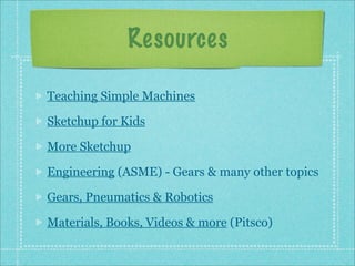 Resources
Teaching Simple Machines
Sketchup for Kids
More Sketchup
Engineering (ASME) - Gears & many other topics
Gears, Pneumatics & Robotics
Materials, Books, Videos & more (Pitsco)
 