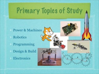 Power & Machines
Robotics
Programming
Design & Build
Electronics
Primary Topics of Study
 