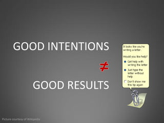 GOOD INTENTIONS


                       GOOD RESULTS

Picture courtesy of Wikipedia
 