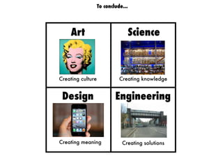 To conclude...
Art Science
Design Engineering
Creating culture Creating knowledge
Creating solutions???Creating meaning
 