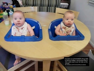 Innovative use of the BJURSTA dining table
to hold two toddlers. And the best thing is,
when adults need to eat, the holes can be
covered.
http://www.ikeahackers.net/2011/01/best-hack-of-2010-your-vote-needed.html
 