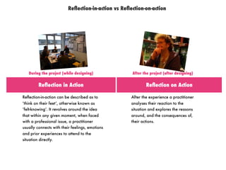 After the experience a practitioner
analyses their reaction to the
situation and explores the reasons
around, and the consequences of,
their actions.
Reﬂection-in-action can be described as to
‘think on their feet’, otherwise known as
‘felt-knowing’. It revolves around the idea
that within any given moment, when faced
with a professional issue, a practitioner
usually connects with their feelings, emotions
and prior experiences to attend to the
situation directly.
Reﬂection in Action Reﬂection on Action
During the project (while designing) After the project (after designing)
Reﬂection-in-action vs Reﬂection-on-action
 