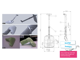 #CADModel
Apart from the functional prototype of the Orto-
vox Lynx, we decided to make a digital 3D-model
to be able to quickly simulate and visualize the
decisions we make. Also for measurements the 3D-
models can be very useful (Figure A).
The handle and the lower grip-rings have some
more organic shapes (Figure B), which are dif-
accuracy by milling foam. The milling was done
by computer fully based on the CAD-model (see
Figure C). This way we could test whether the
CAD-model was accurate.
For example we tested the handle on its ergo-
nomics and aesthetics (Figure D). This way some
adjustments were made in the CAD-model. In the
are milled the same way, but out of PVC see #Low-
ergripFinishing and #HandleFinishing.
With the CAD-model renders could be made,
with approximations of the colours and materials
(see Figure E). As close as the CAD-model is to
functional level.
The technical drawings were also made based on
the CAD-model.
C
Figure A
Figure B
Figure C
Figure D
47,12
13,12°
6
5
4
172,33
24,71
212,60
1
3
2
792,74
229,96
278,70
104,71143,08
179,55 1 Handle subassembly
2
3
Locking mechanism
4
Blade
5
Ring
6
Lower Shaft
Upper Shaft
1
1
1
2
1
1
Rubber - Lexan
Al 6061 T6
Lexan
Al 6061 T6
Stainless Steel
Al 6061 T6
Some renderings of the ﬁnal
product, foam models and
technical drawings.
Drawings
Prototypes
 
