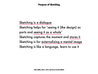 Zafer Bilda, John S. Gero and Terry Purcell (2006)
Sketching is a dialogue
Sketching helps for ‘seeing it (the design) as
parts and seeing it as a whole’
Sketching captures the moment and stores it
Sketching is for externalizing a mental image
Sketching is like a language, learn to use it
Purpose of Sketching
 