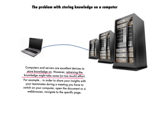 Computers and servers are excellent devices to
store knowledge on. However, retreiving the
knowledge might take some (or too much) effort.
For example... in order to share your insights with
your teammates during a meeting you have to
switch on your computer, open the document or a
webbrowser, navigate to the speciﬁc page.
The problem with storing knowledge on a computer
 