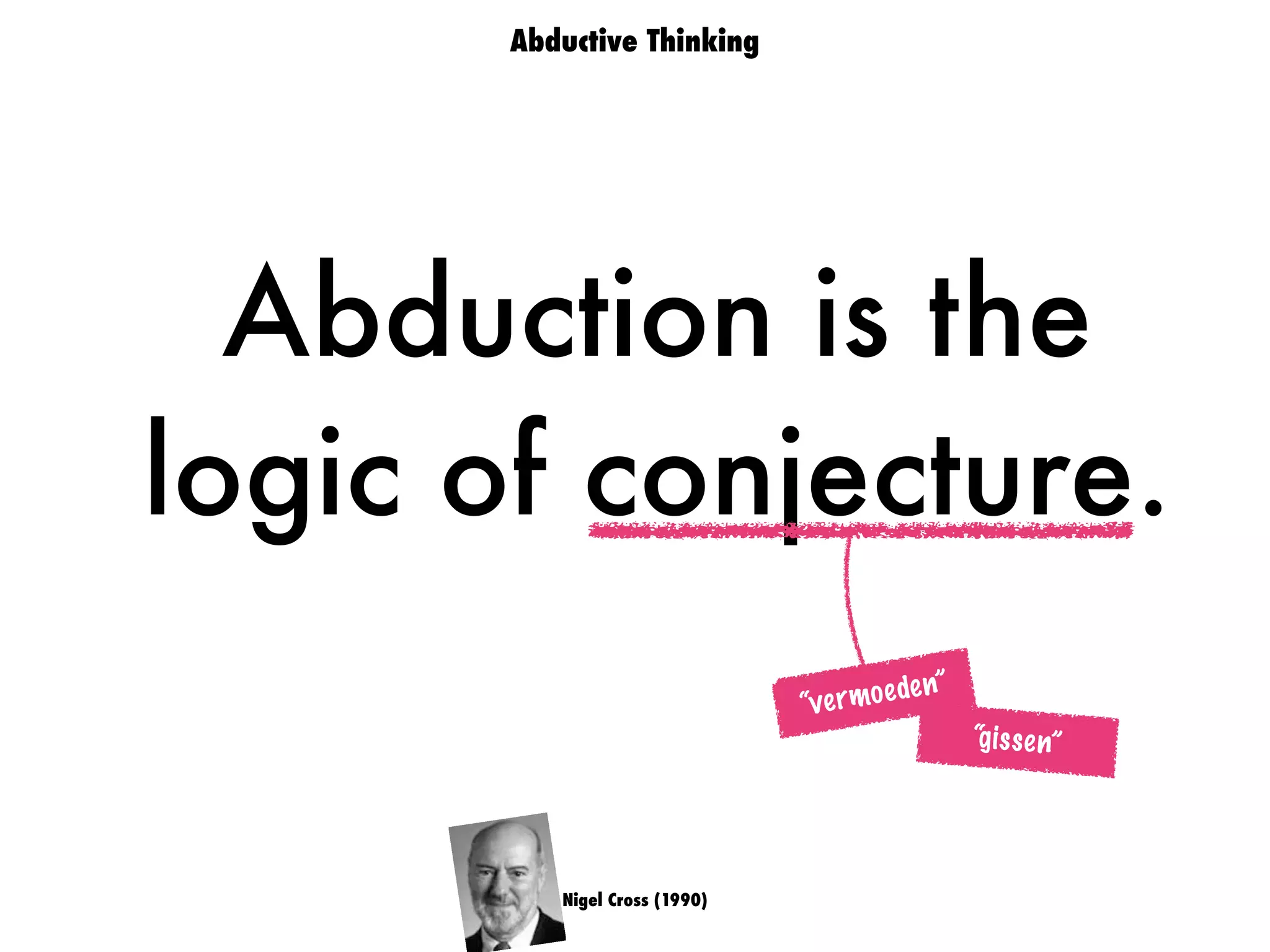Nigel Cross (1990)
Abductive Thinking
Abduction is the
logic of conjecture.
“vermoeden”
“gissen”
 
