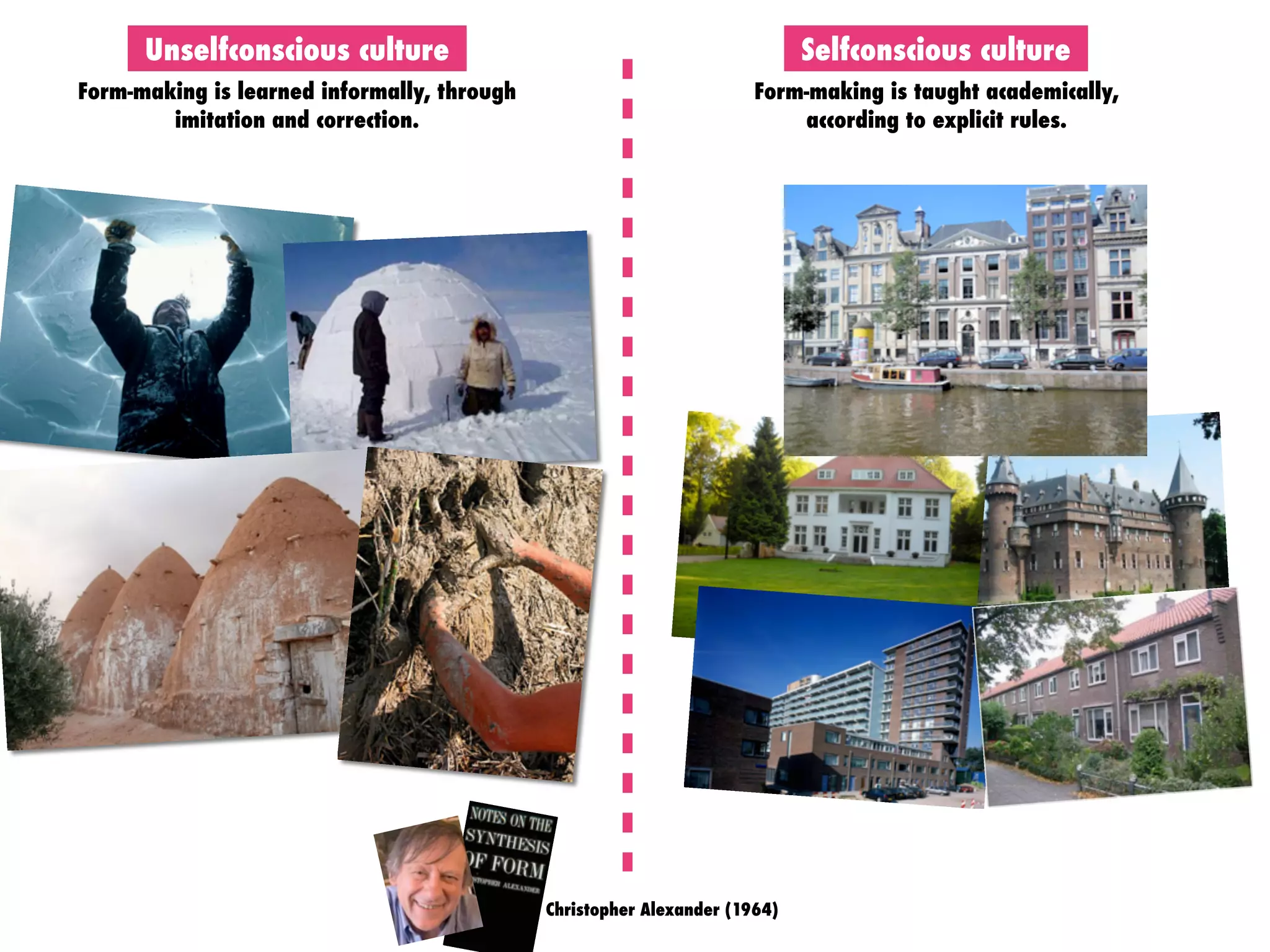 Unselfconscious culture Selfconscious culture
Form-making is learned informally, through
imitation and correction.
Form-making is taught academically,
according to explicit rules.
Christopher Alexander (1964)
 