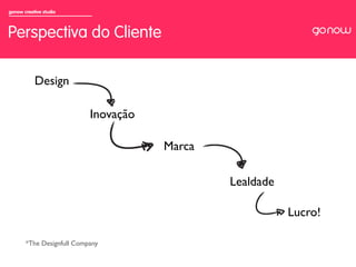 gonow creative studio



Perspectiva do Cliente

           Design	


                             Inovação	


                                           Marca	


                                                      Lealdade	


                                                                    Lucro!	


       *The Designfull Company	

 