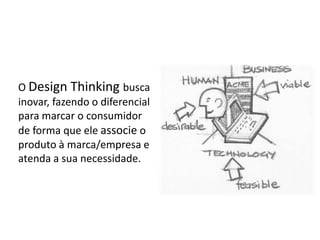 O Design Thinking busca
inovar, fazendo o diferencial
para marcar o consumidor
de forma que ele associe o
produto à marca/empresa e
atenda a sua necessidade.
 
