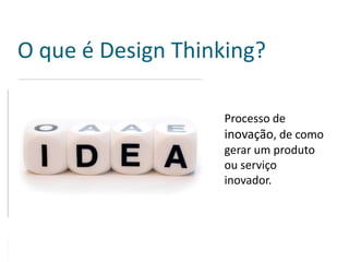O que é Design Thinking?

                   Processo de
                   inovação, de como
                   gerar um produto
                   ou serviço
                   inovador.
 