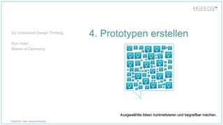 USEEDS° user centred thinking
So funktioniert Design Thinking
Ron Hofer
Master of Ceremony
4. Prototypen erstellen
Ausgewählte Ideen konkretisieren und begreifbar machen.Ausgewählte Ideen konkretisieren und begreifbar machen.
 