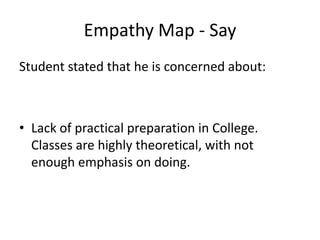 Empathy Map - Say
Student stated that he is concerned about:
• Lack of practical preparation in College.
Classes are highl...