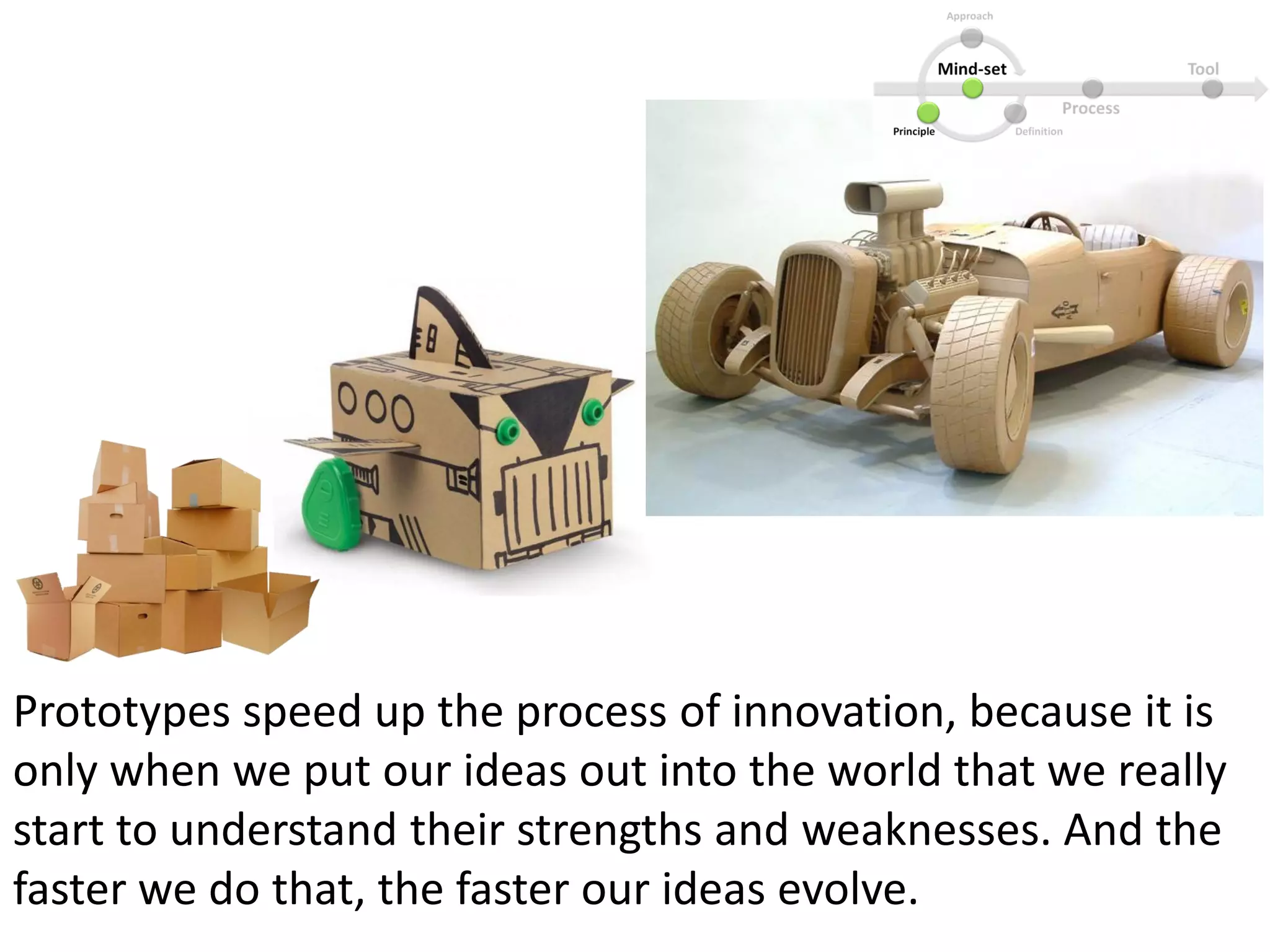 Prototypes speed up the process of innovation, because it is
only when we put our ideas out into the world that we really
start to understand their strengths and weaknesses. And the
faster we do that, the faster our ideas evolve.
 
