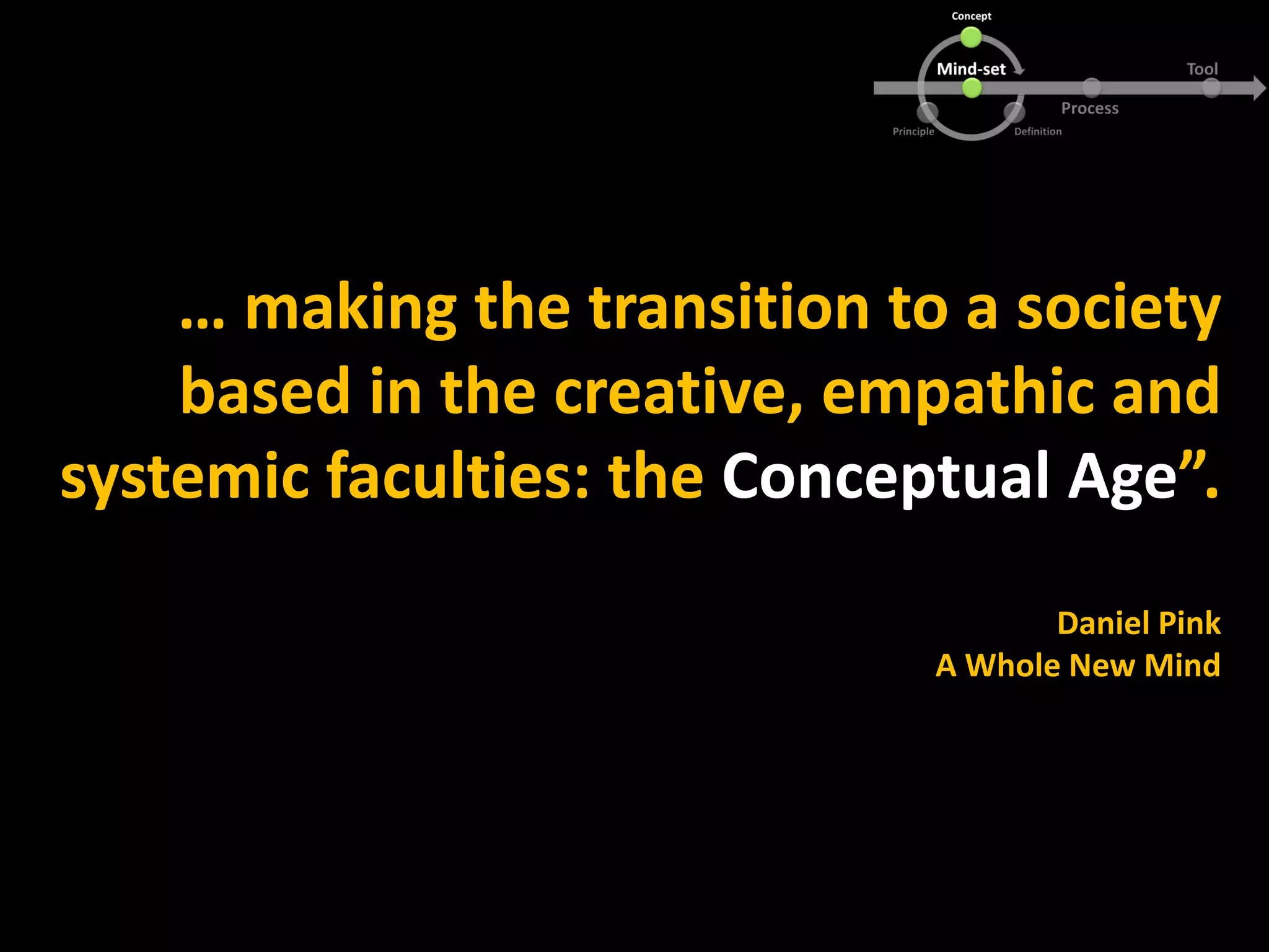 … making the transition to a society
based in the creative, empathic and
systemic faculties: the Conceptual Age”.
Daniel Pink
A Whole New Mind
 