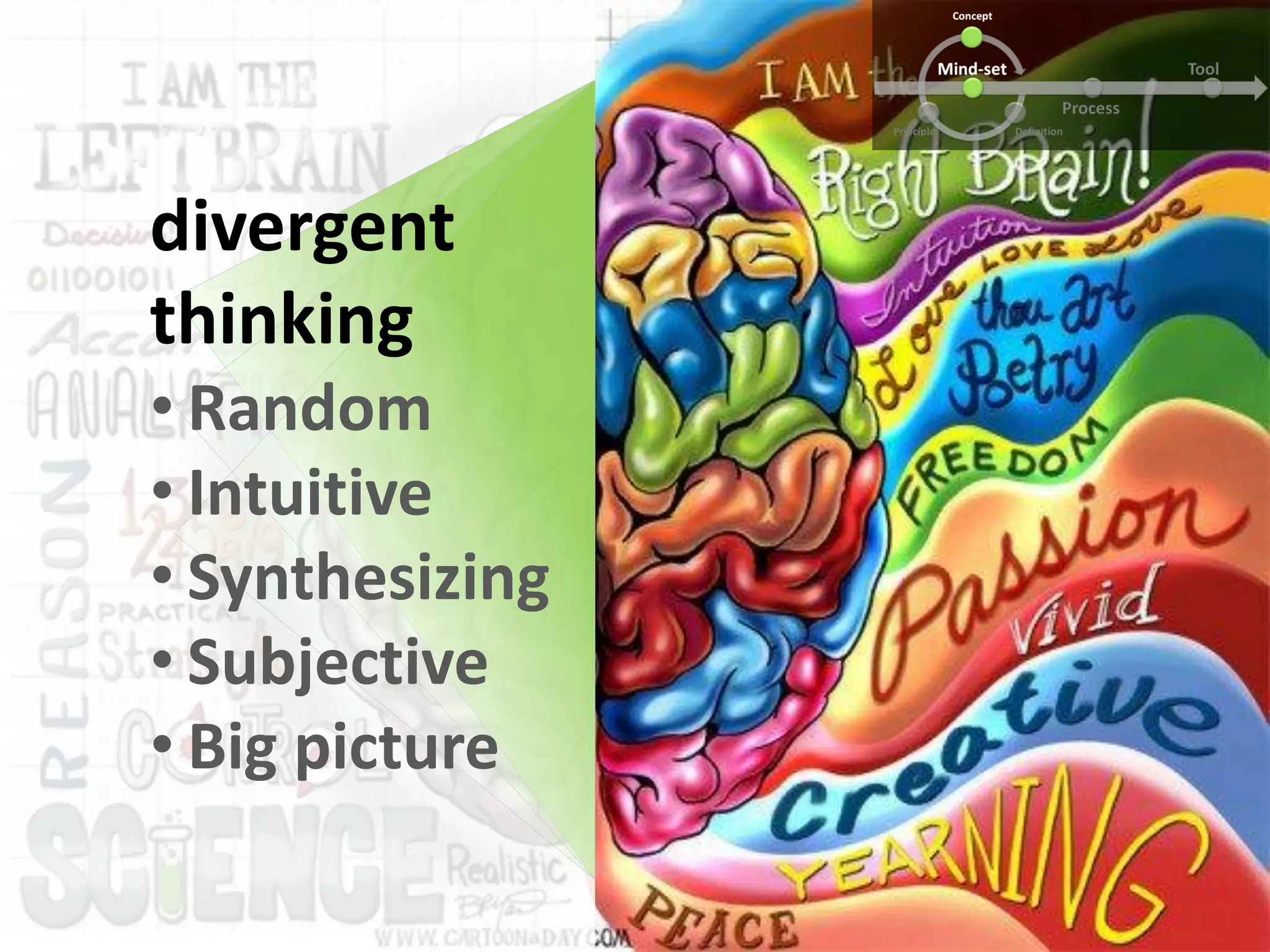 divergent
thinking
• Random
• Intuitive
• Synthesizing
• Subjective
• Big picture
 
