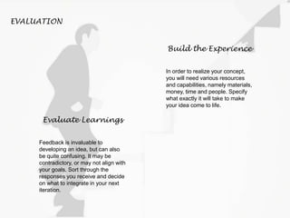 EVALUATION
Build the Experience
In order to realize your concept,
you will need various resources
and capabilities, namely...
