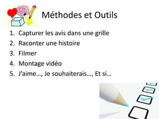 Méthodes et Outils
1. Capturer les avis dans une grille
2. Raconter une histoire
3. Filmer
4. Montage vidéo
5. J’aime…, Je souhaiterais…, Et si…
71
 