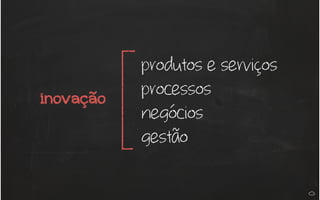 produtos e serviços
processos
negócios
gestão
inovação
 