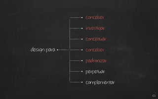 design para
conceber
investigar
conceituar
conceber
padronizar
perpetuar
complementar
 