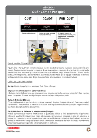 Porqué usar Qué Cómo y Porqué
“Qué Cómo y Por qué” son herramientas que pueden ayudarte a llegar a niveles de observación más pro-
fundos. Estas preguntas te ayudan a moverte desde observaciones concretas de una situación en particular
a emociones más abstractas y a otras motivaciones que están en juego en esa situación. Es una técnica
particularmente poderosa de usar también cuando se analizan fotos que el equipo ha tomado en terreno,
tanto para sintetizar, como para dirigir el equipo hacia la búsqueda de necesidades futuras.
Cómo Usar Qué Cómo y Porqué
Set Up: Dividir el papel en tres secciones: Qué Cómo y Porqué
Empezar con Observaciones Concretas (Qué):
¿Qué está haciendo la persona que observas en una situación particular o en una fotografía? Date cuenta y
anota los detalles. Trata de ser objetivo y no asumas nada en esta primera parte.
Trata de Entender (Cómo):
Cómo está haciendo lo que hace la persona que observas? Requiere de algún esfuerzo? Parecen apurados?
Tienen dolor? Pareciera que la actividad o situación está impactando su estado positiva o negativamente?
Usa frases descriptivas llenas de adjetivos.
Da el paso hacia el limbo de la interpretación (Porqué):
Porqué la persona que observas está haciendo lo que hace y porqué lo hace de esa manera en particular?
Este paso usualmente requiere que hagas adivinanzas o presunciones fundadas en algo en relación a la
motivación y las emociones del usuario. Da el paso hacia el limbo para proyectar significado en la situación
que estás observando. Este paso revelará áreas y temas que deberás testear con usuarios y normalmente
arrojará conclusiones inesperadas sobre la situación en particular.
MÉTODO 1
Qué? Cómo? Por qué?
http://allforfurniture.blogspot.com
 