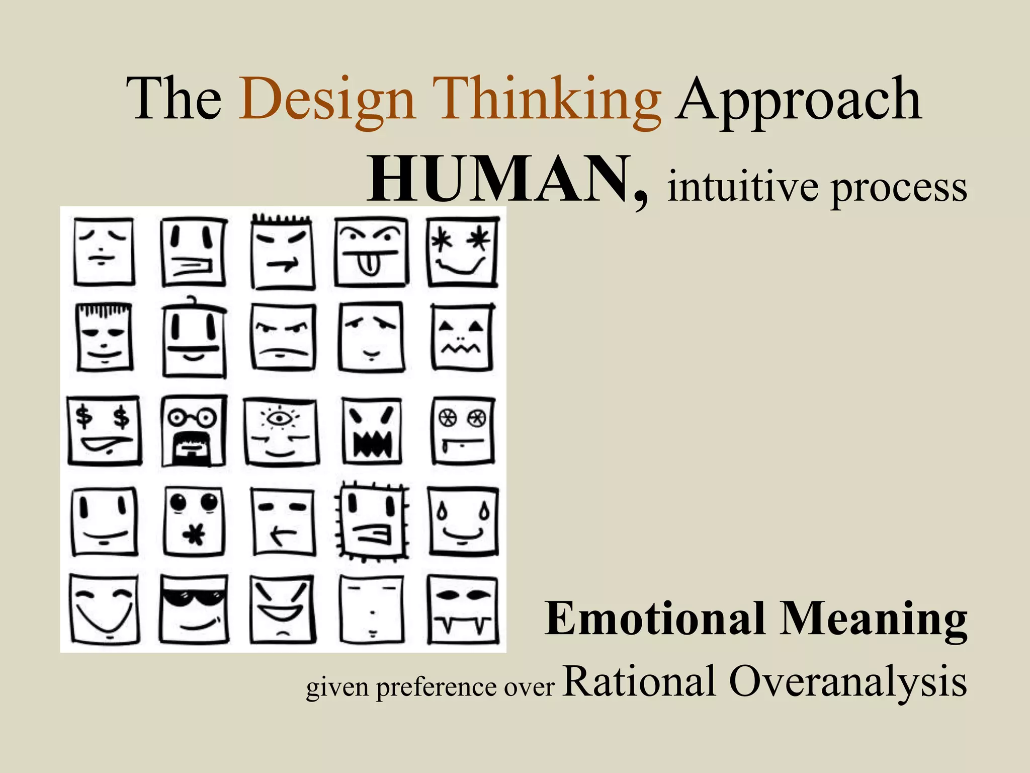 The Design Thinking Approach
HUMAN, intuitive process
Emotional Meaning
given preference over Rational Overanalysis
 