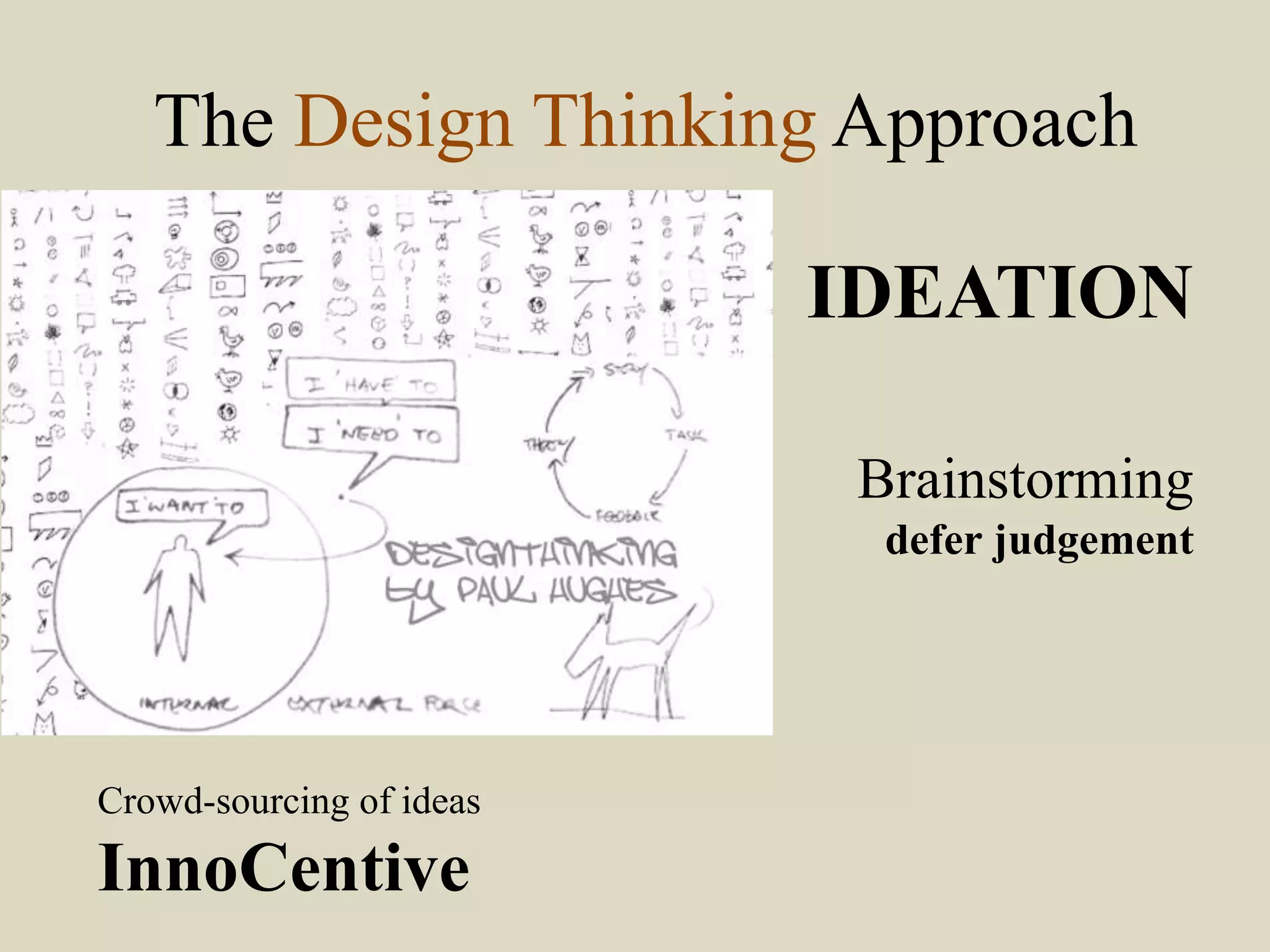 The Design Thinking Approach
IDEATION
Brainstorming
defer judgement
Crowd-sourcing of ideas
InnoCentive
 