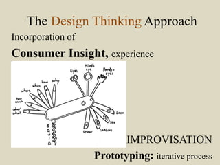 The Design Thinking Approach
Incorporation of
Consumer Insight, experience
IMPROVISATION
Prototyping: iterative process
 