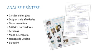 ANÁLISE E SÍNTESE
• Cartões de insights
• Diagrama de afinidades
• Mapa conceitual
• Critérios norteadores
• Personas
• Mapa de empatia
• Jornada do usuário
• Blueprint
 