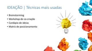 IDEAÇÃO | Técnicas mais usadas
• Brainstorming
• Workshop de co-criação
• Cardápio de ideias
• Matriz de posicionamento
Foto:freeimages.com
 
