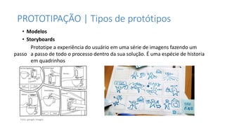 PROTOTIPAÇÃO | Tipos de protótipos
• Modelos
• Storyboards
Prototipe a experiência do usuário em uma série de imagens fazendo um
passo a passo de todo o processo dentro da sua solução. É uma espécie de historia
em quadrinhos
Foto: google images
 