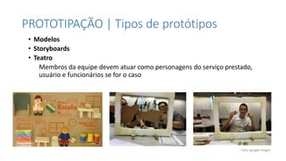 PROTOTIPAÇÃO | Tipos de protótipos
• Modelos
• Storyboards
• Teatro
Membros da equipe devem atuar como personagens do serviço prestado,
usuário e funcionários se for o caso
Foto: google images
 