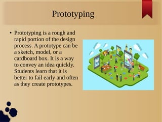 Prototyping
● Prototyping is a rough and
rapid portion of the design
process. A prototype can be
a sketch, model, or a
cardboard box. It is a way
to convey an idea quickly.
Students learn that it is
better to fail early and often
as they create prototypes.
 