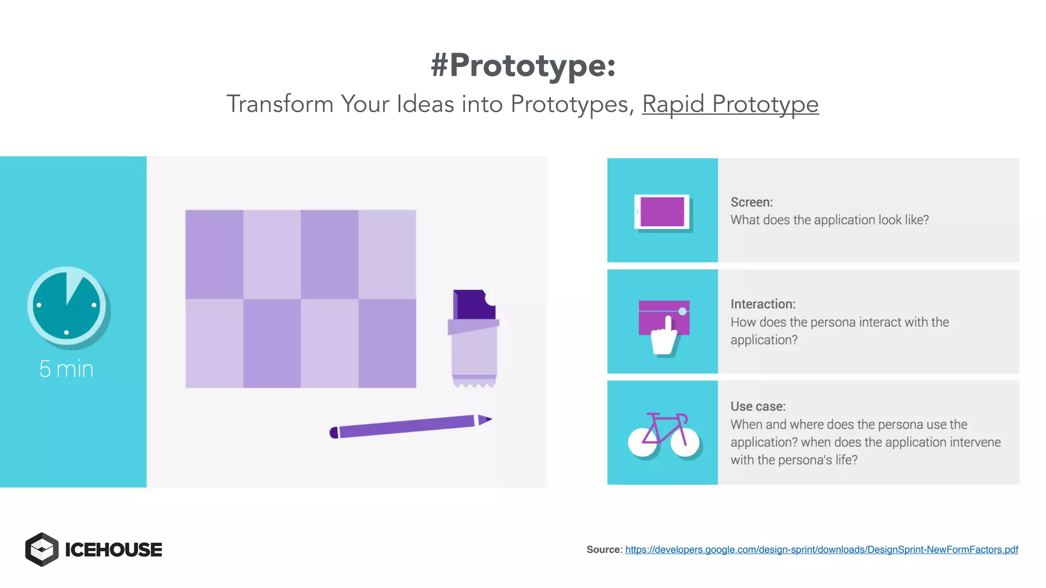 #Prototype:
Transform Your Ideas into Prototypes, Rapid Prototype
Source: https://developers.google.com/design-sprint/downloads/DesignSprint-NewFormFactors.pdf
 