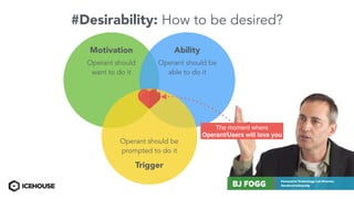 #Desirability: How to be desired?
Motivation Ability
Trigger
Operant should
want to do it
Operant should be
able to do it
Operant should be
prompted to do it
The moment where
Operant/Users will love you
 