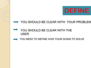 YOU SHOULD BE CLEAR WITH YOUR PROBLEM
YOU SHOULD BE CLEAR WITH THE
USER
YOU NEED TO DEFINE HOW YOUR GOING TO SOLVE
 