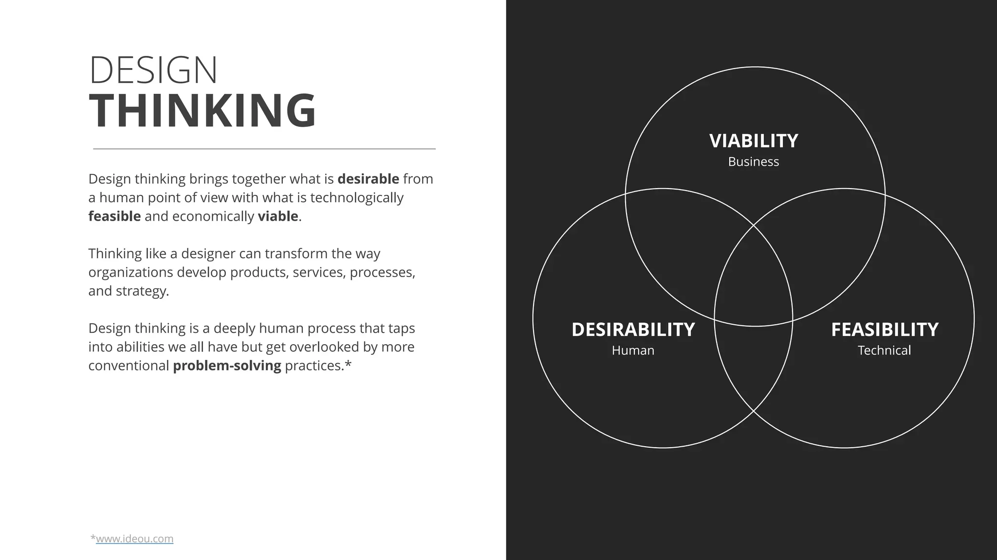 Design thinking brings together what is desirable from
a human point of view with what is technologically
feasible and economically viable.
Thinking like a designer can transform the way
organizations develop products, services, processes,
and strategy.
Design thinking is a deeply human process that taps
into abilities we all have but get overlooked by more
conventional problem-solving practices.*
THINKING
DESIGN
VIABILITY
Business
DESIRABILITY
Human
FEASIBILITY
Technical
*www.ideou.com
 